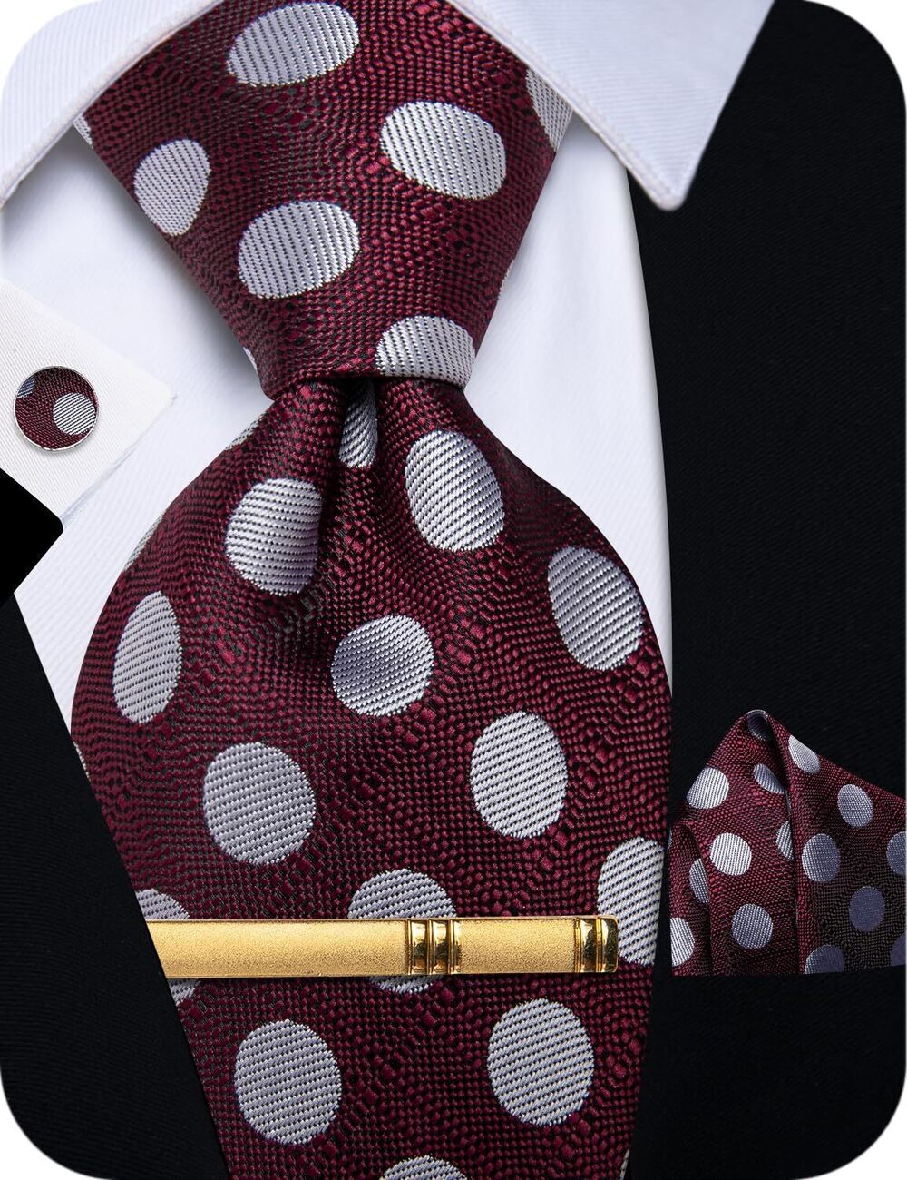 9803 Ties Silk Red Burgundy Tie and Pocket Square Cufflinks Tie Clip Set